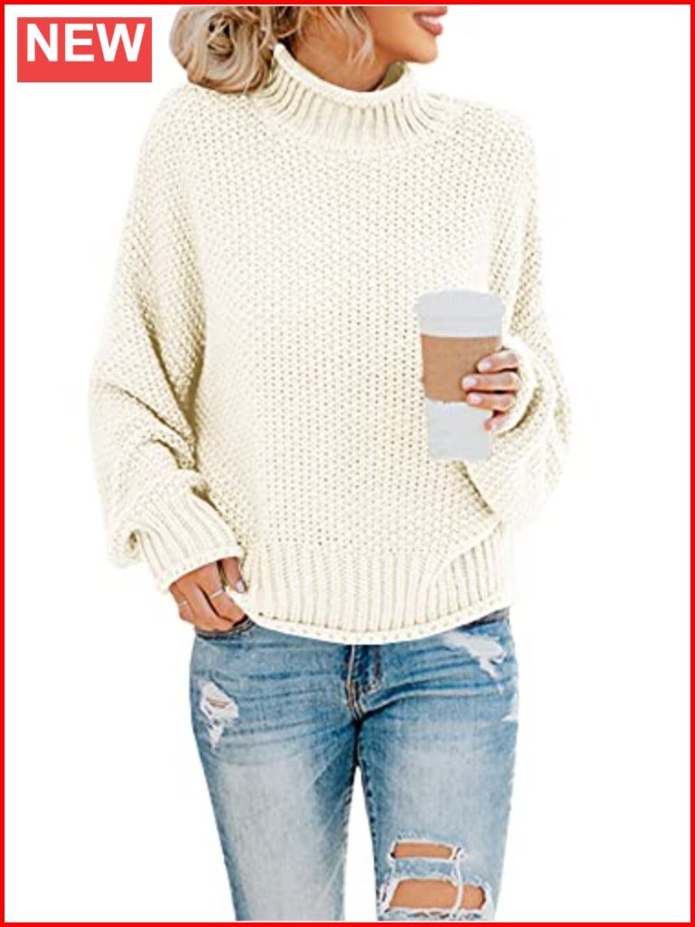 Oversized Turtleneck Batwing Long Sleeve Chunky Knit Pullover Sweater